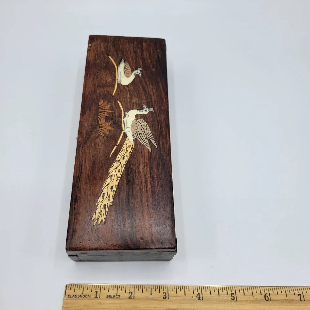 Vintage Handcrafted Wooden Jewelry Trinket Box Inlaid Peacock Design Metal Latch
